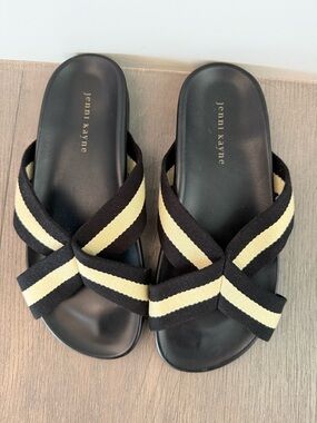 Jenni Kayne Black & Cream Striped Crossband Slide Sandals